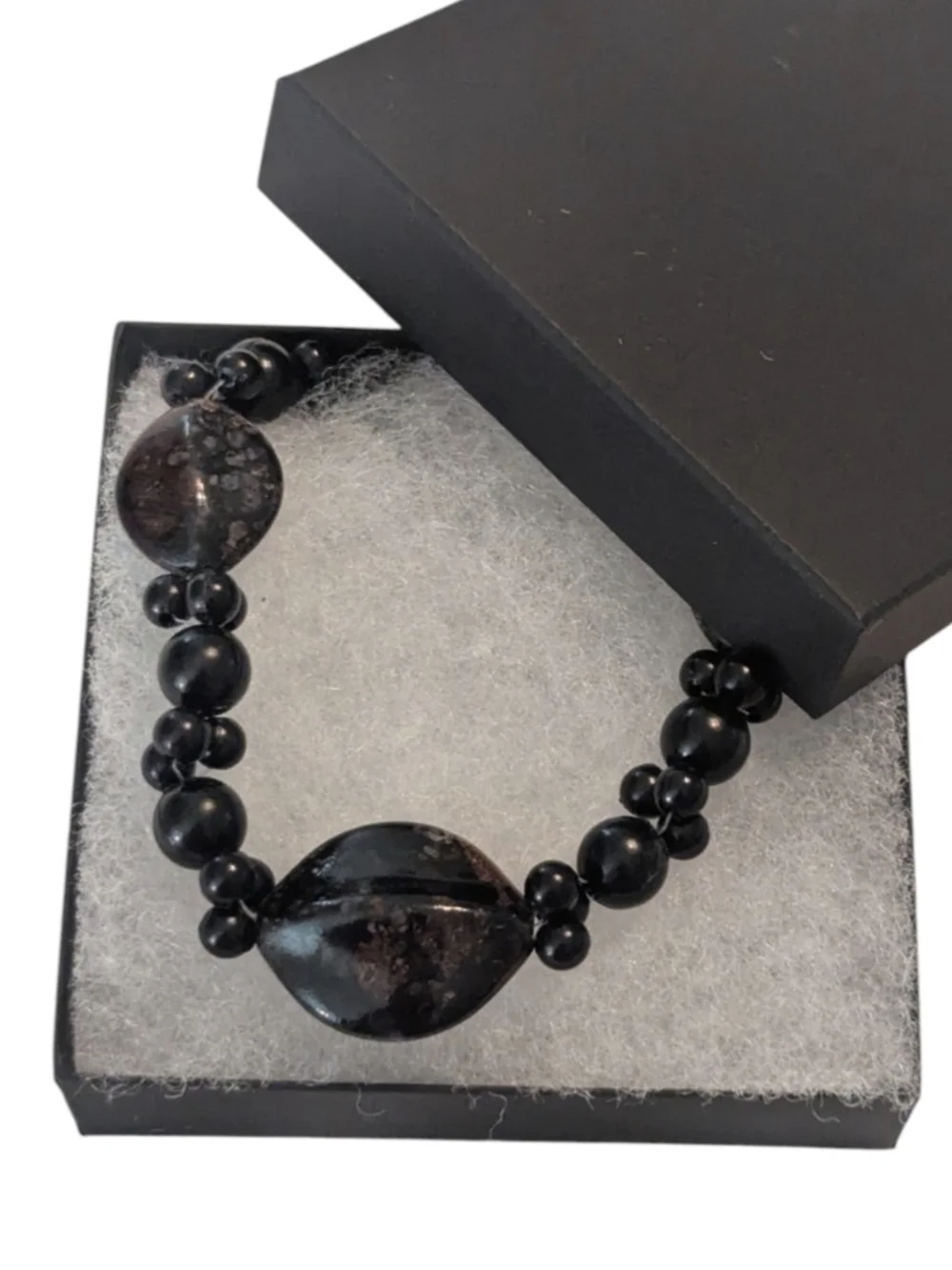 VTG Artisan Black & Black Brown Marbized Beaded Silver Tone Adjustable Necklace